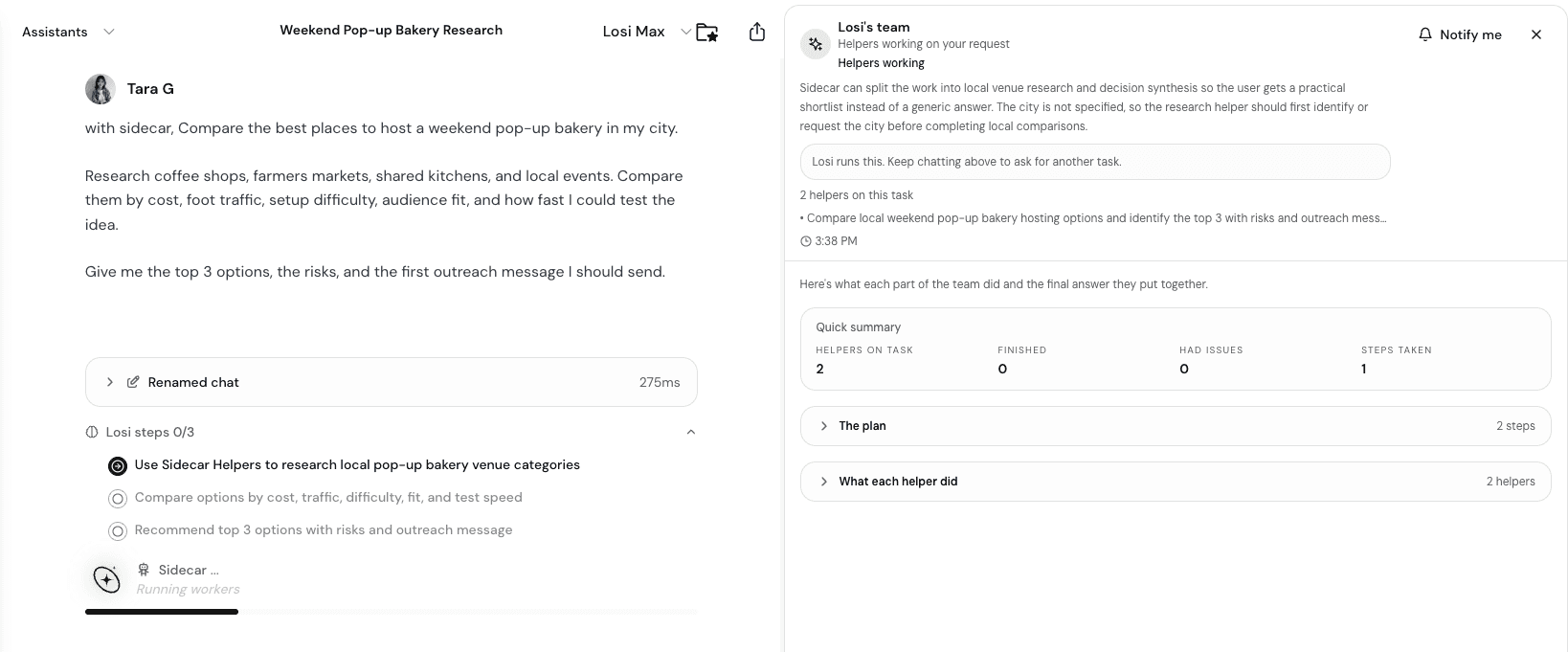 Losi chat with a weekend pop-up bakery research prompt and the Sidecar helper panel open.