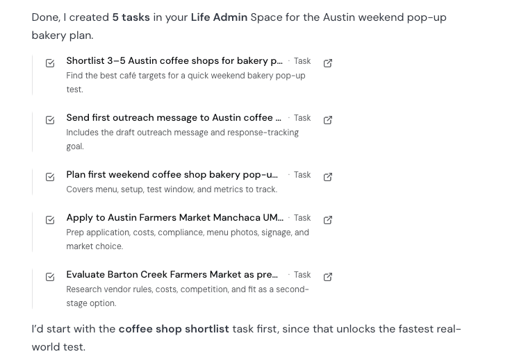 Losi chat showing five follow-up tasks created in the Life Admin Space from the Austin bakery research.