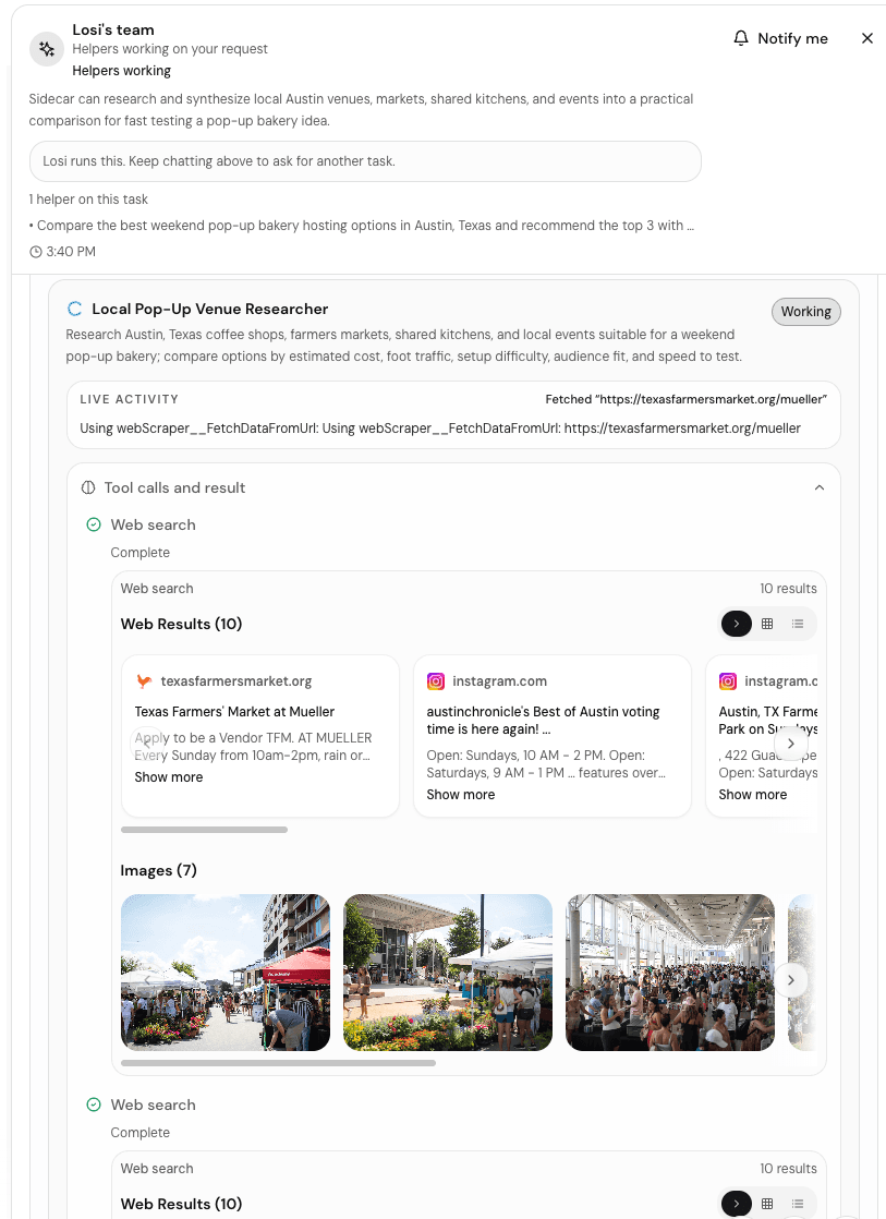 Losi Sidecar helper details showing web search results and images for local pop-up bakery venues.