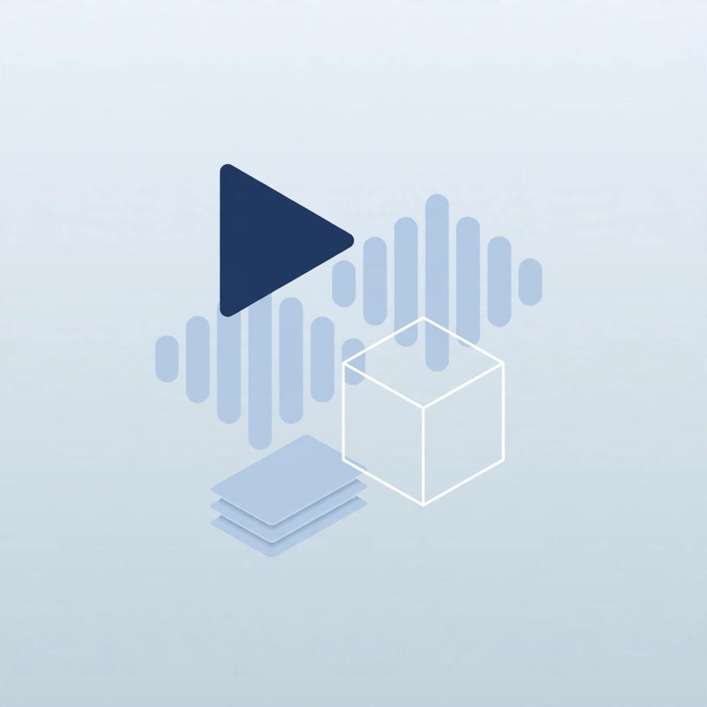 Play triangle, waveform, wireframe cube, and layered slides for video, music, 3D, and presentations