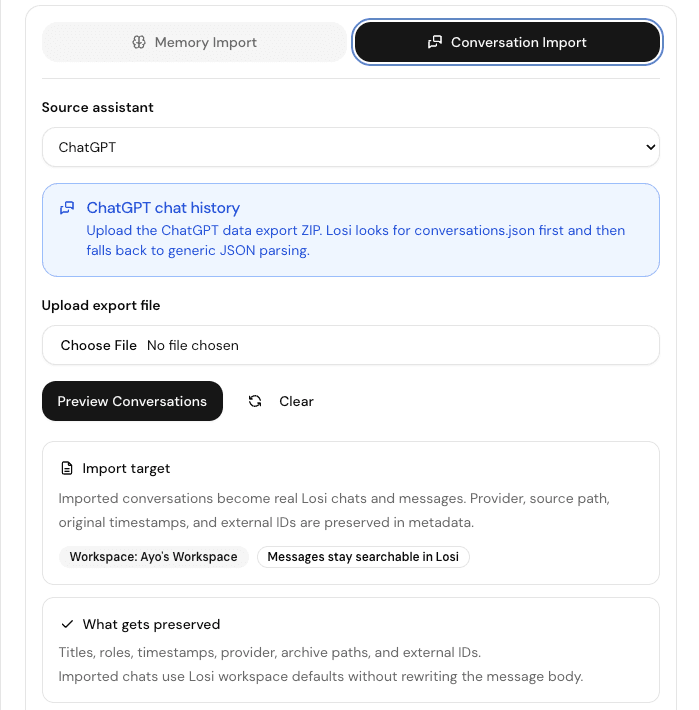 Losi conversation import tab with ChatGPT selected and upload controls