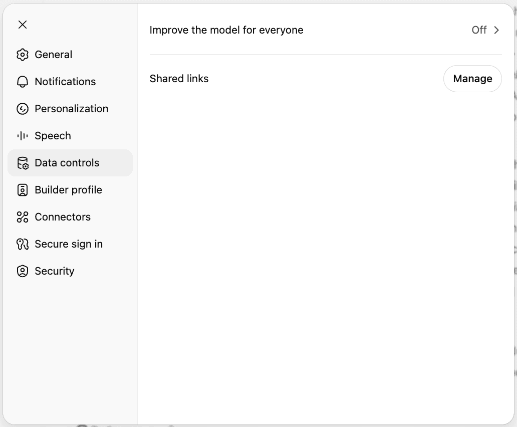 ChatGPT settings Data controls screen