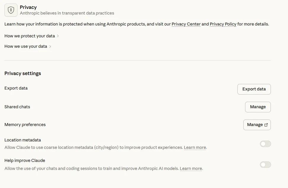 Claude privacy settings with the Export data button