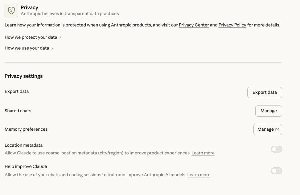 Claude privacy settings with the Export data button