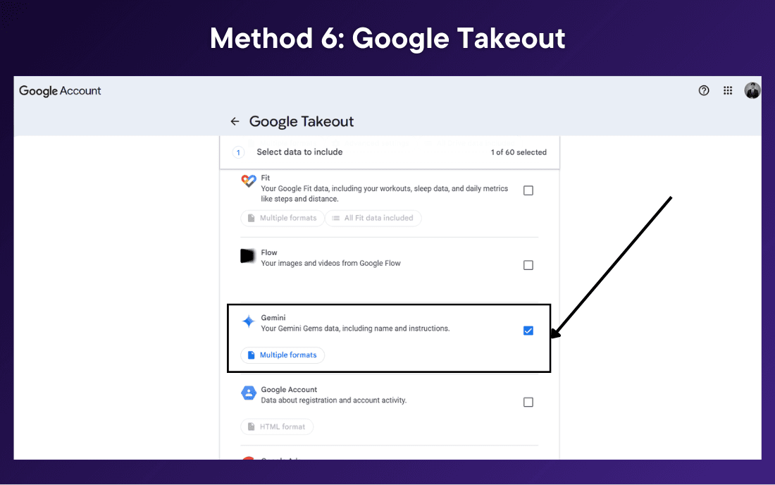 Google Takeout page with Gemini selected