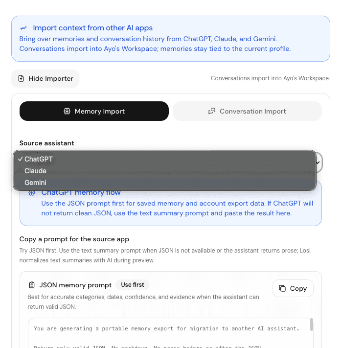 Losi importer source assistant menu with ChatGPT, Claude, and Gemini