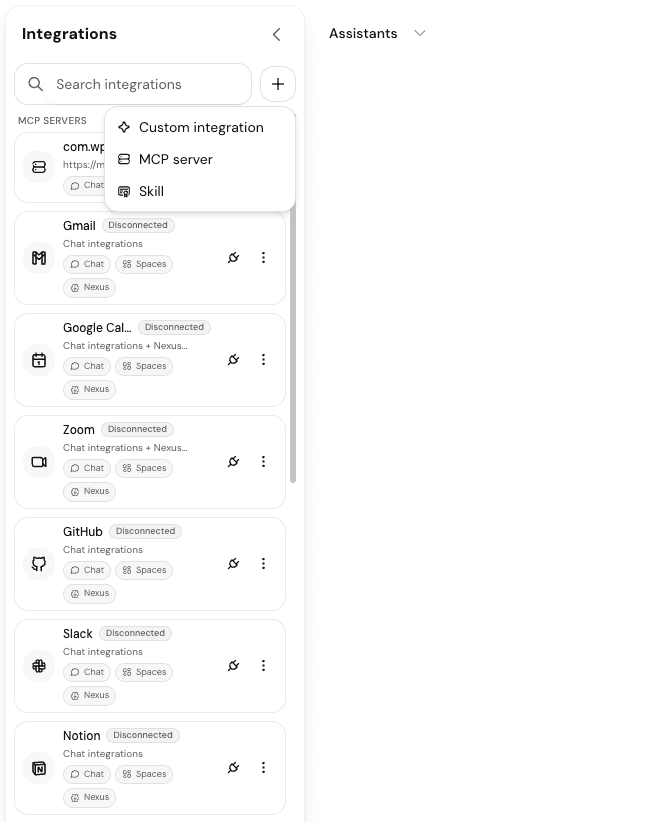 Losi Integrations sidebar with the plus menu open showing Custom integration, MCP server, and Skill options.