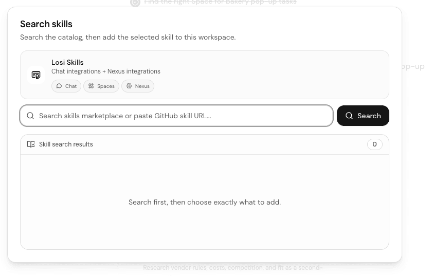 Losi Search skills dialog with a search field and empty skill search results.