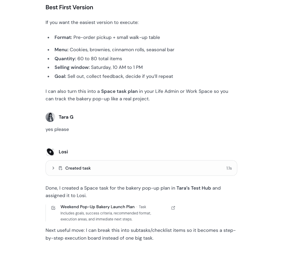 Losi creates a Space task from the weekend pop-up bakery plan in chat.