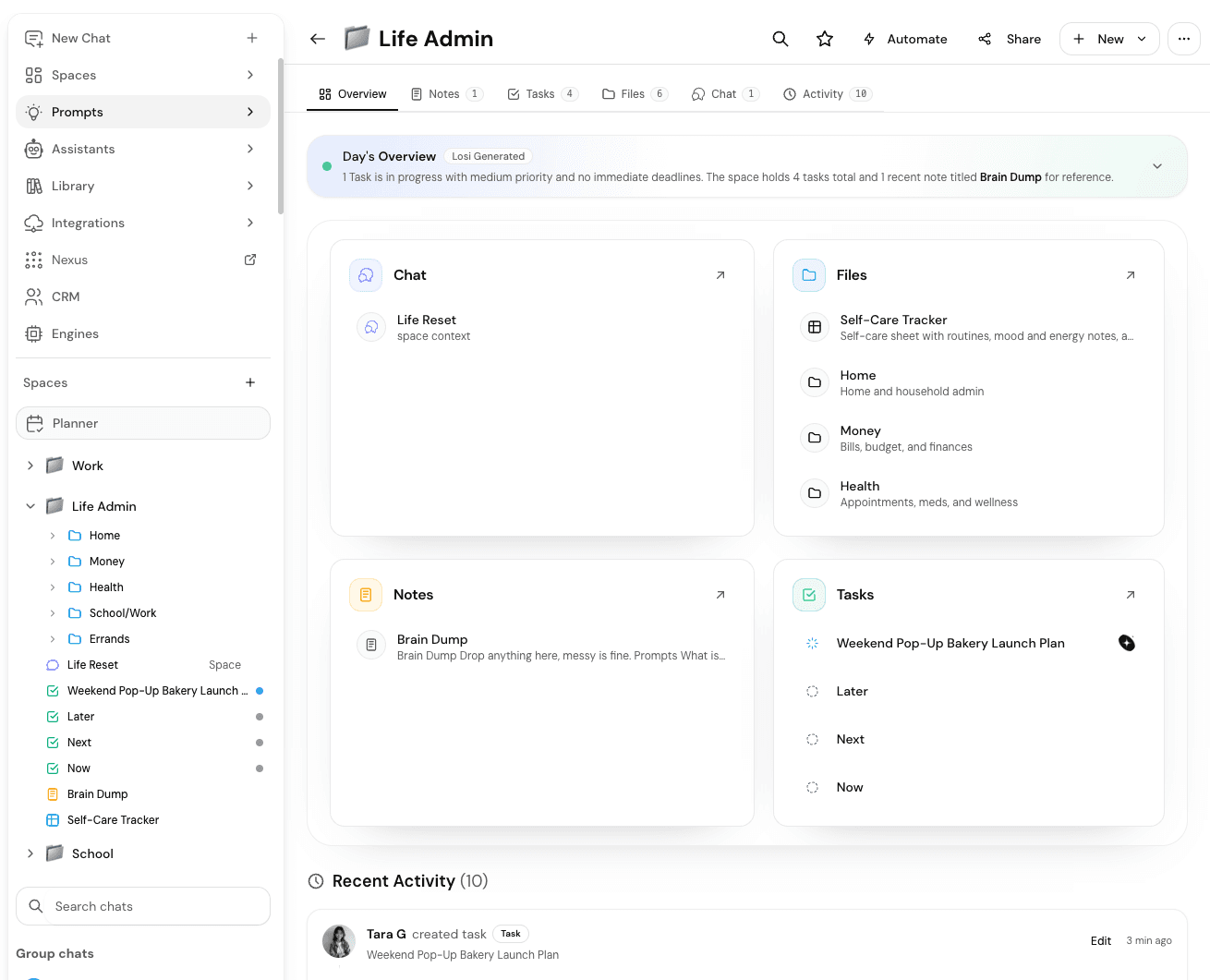 Life Admin Space overview showing the bakery launch task, related notes, files, chat, and recent activity.