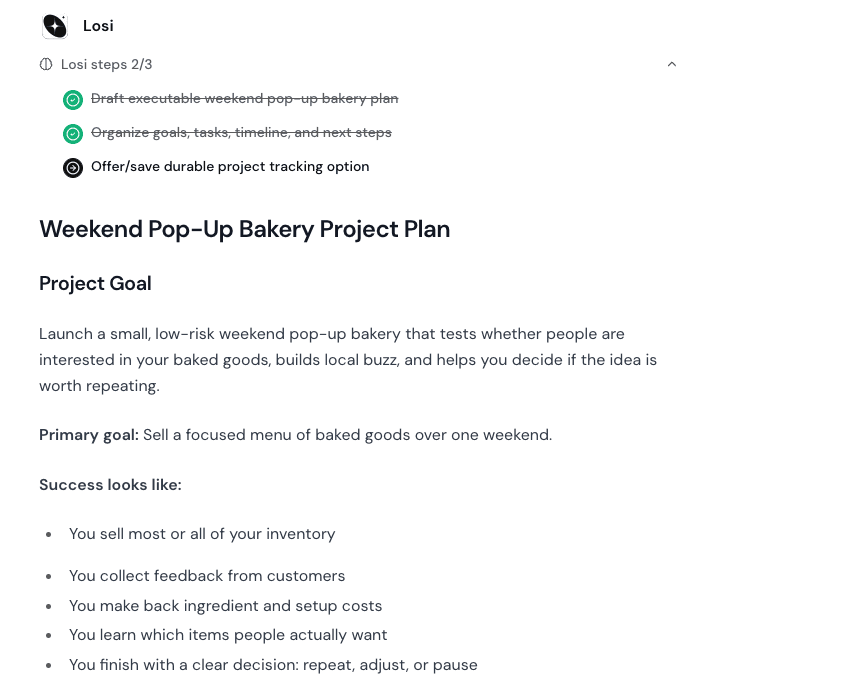 Losi response showing a weekend pop-up bakery project plan with goals and success criteria.