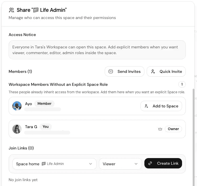 Losi Space sharing dialog showing members, invite controls, owner role, and join link creation.