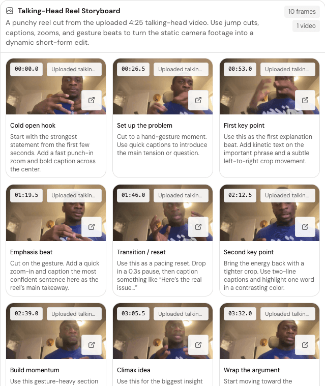 Losi video storyboard output with timestamped frames and editing notes