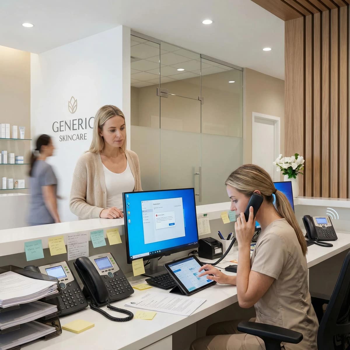 A busy reception desk at a skincare clinic named "GENERIC SKINCARE" showing a female receptionist simultaneously handling a corded phone call and a tablet computer displaying a scheduling interface. Multiple phones, computer monitors, and a cluttered desk with sticky notes and paperwork demonstrate the high-volume, multi-tasking environment that Losi Nexus AI agent platform helps streamline through unified voice, chat, and workflow automation.
